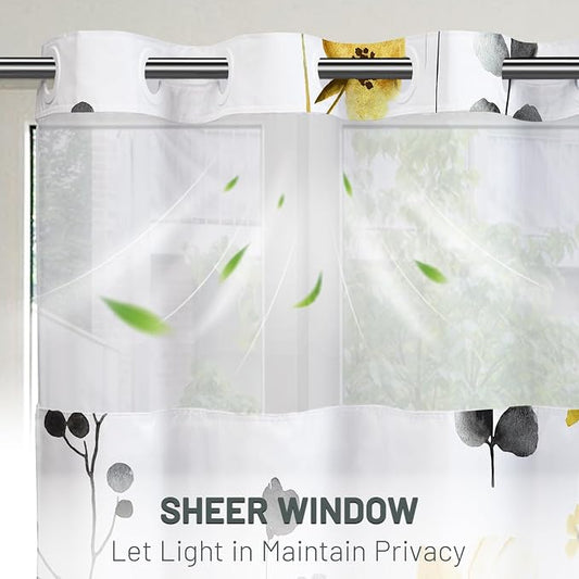 No Hook Floral Shower Curtain with Liner, Yellow Gray, 71x77 | Snap in Liner, 3 in 1, Water Repellent, Easy Install, Machine Washable, Hotel Style for Bathroom, Watercolor Pattern