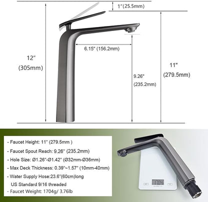 TOCALOCA Tall Bath Faucet for Vessel Sink, Gun Grey One Hole Single Handle Bathroom Faucets Brass, High Bathroom Vanity Faucet Single Lever Modern Basin Mixer Taps