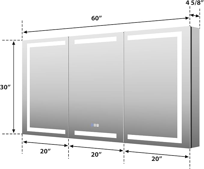 60" X 30" Bathroom Mirror Medicine Cabinet with 3X Magnification Makeup Mirror, LED Mirrored Cabinet, Bathroom Storage Mirror Cabinet, Recessed or Surface, Three Opening Doors