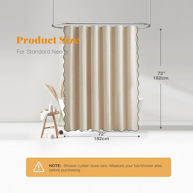 BTTN Beige Scalloped Shower Curtain, Boho Linen Textured Heavy Duty Shower Curtain Set with 12 Plastic Hooks, Elegant Decorative Waterproof Fabric Shower Curtains for Bathroom - 72x72 - Cream