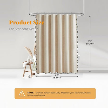 BTTN Beige Scalloped Shower Curtain, Boho Linen Textured Heavy Duty Shower Curtain Set with 12 Plastic Hooks, Elegant Decorative Waterproof Fabric Shower Curtains for Bathroom - 72x72 - Cream