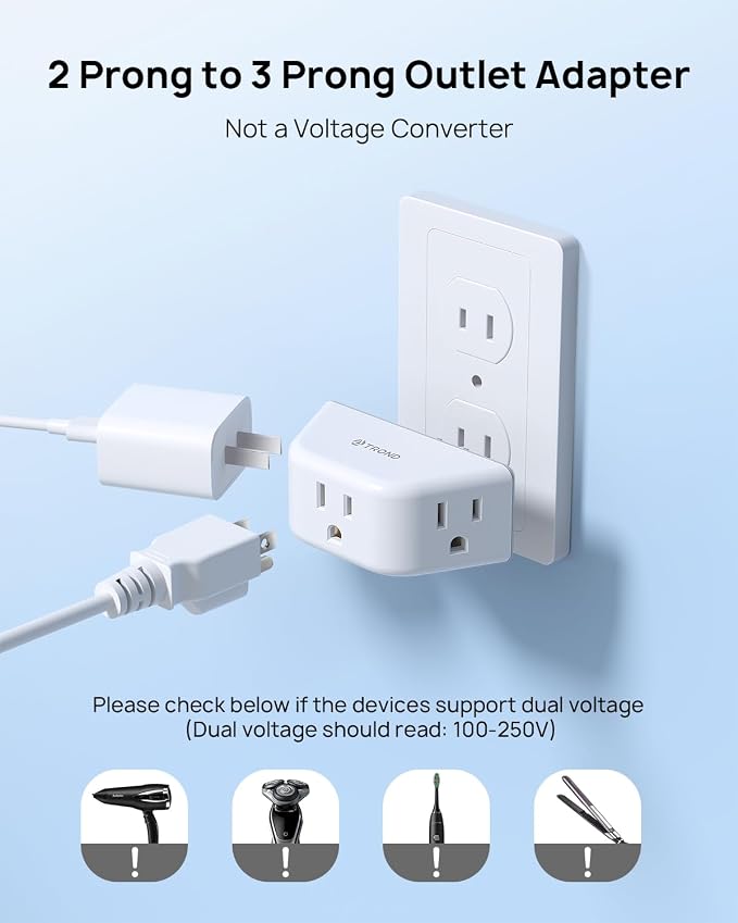 TROND 2 Prong to 3 Prong Outlet Adapter for Old House | 3-Way Angled Plug Extender with 3 AC Sockets, Plug Splitter for Non-Grounded Socket in Home Hotel, Cruise Essentials, White