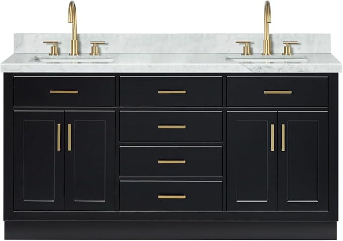 ARIEL Hepburn 66-inch Bathroom Vanity with Sink,Solid Wood, 1.5-inch Italian Carrara Marble Countertop, Double Rectangular Porcelain Sink, 4 Soft Closing Doors, 6 Dovetail Drawers, Black