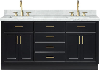 ARIEL Hepburn 66-inch Bathroom Vanity with Sink,Solid Wood, 1.5-inch Italian Carrara Marble Countertop, Double Rectangular Porcelain Sink, 4 Soft Closing Doors, 6 Dovetail Drawers, Black