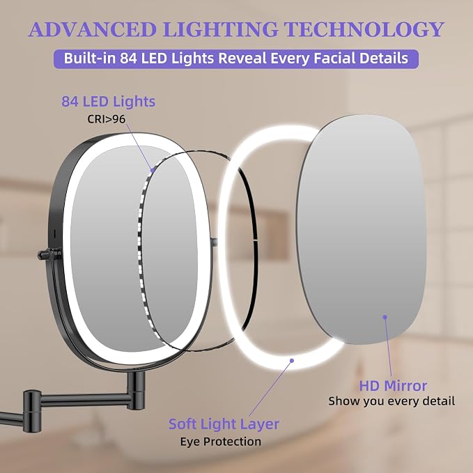 FUNTOUCH 5000mAh Rechargeable Wall Mounted Lighted Makeup Mirror,Black | Double Sided 30X/1X Magnifying Mirror Wall Mounted,Extended Arm 360°Rotation,Touch Dimmable,3 Color Lights for Bathroom
