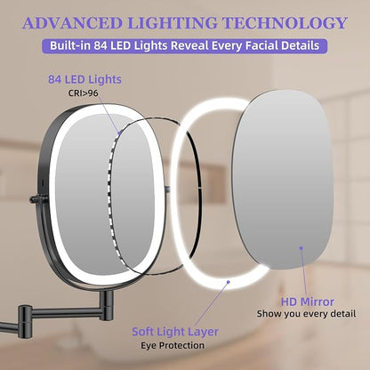 FUNTOUCH 5000mAh Rechargeable Wall Mounted Lighted Makeup Mirror,Black | Double Sided 30X/1X Magnifying Mirror Wall Mounted,Extended Arm 360°Rotation,Touch Dimmable,3 Color Lights for Bathroom