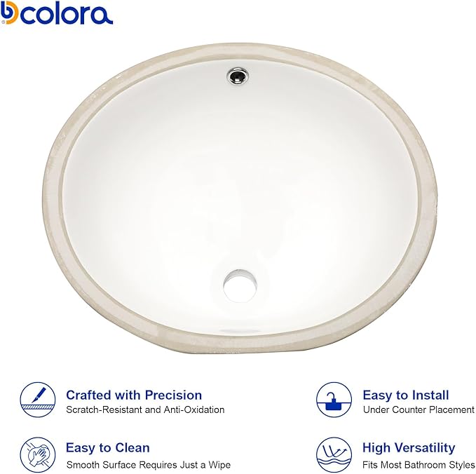 Dcolora 19 In. Oval Undermount Bathroom Sink, Ceramic Porcelain Under Counter Sink Basin for Vanity Tops, Smooth Oval Design with Clean Edge for Modern Bathrooms, 16"D x 19"W x 9"H