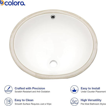 Dcolora 19 In. Oval Undermount Bathroom Sink, Ceramic Porcelain Under Counter Sink Basin for Vanity Tops, Smooth Oval Design with Clean Edge for Modern Bathrooms, 16"D x 19"W x 9"H