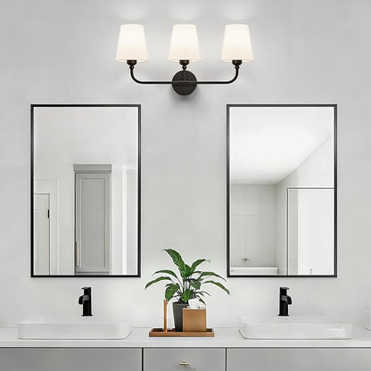 Bathroom Vanity Light, Matte Black Bathroom Light Fixtures, 3-Light Lighting Fixtures Over Mirror, Modern Wall Sconce with Flared White Fabric Shade, E26 Socket(ETL Listed)