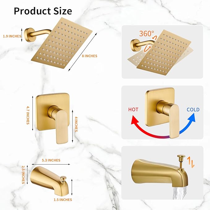 Brushed Gold Tub Shower Faucet Set Complete with 8-Inch Rainfall Shower Head and Tub Spout Included Shower Valve Tub Shower Trim Kit Matte Black