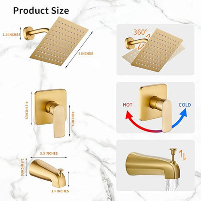 Brushed Gold Tub Shower Faucet Set Complete with 8-Inch Rainfall Shower Head and Tub Spout Included Shower Valve Tub Shower Trim Kit Matte Black