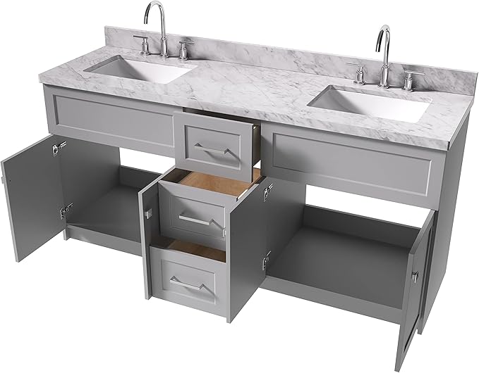 ARIEL Hamlet 72-inch Bathroom Vanity with Sink,Solid Wood, 1.5-inch Italian Carrara Marble Countertop & Backsplash, Double Rectangular Porcelain Sink, 4 Soft Closing Doors, 3 Dovetail Drawers, Grey