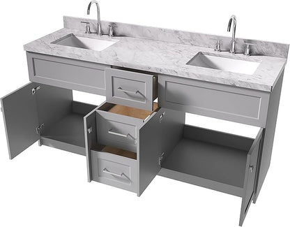 ARIEL Hamlet 72-inch Bathroom Vanity with Sink,Solid Wood, 1.5-inch Italian Carrara Marble Countertop & Backsplash, Double Rectangular Porcelain Sink, 4 Soft Closing Doors, 3 Dovetail Drawers, Grey