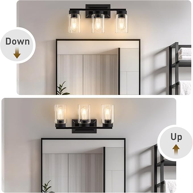 Bathroom Lights Over Mirror, 3 Light Bathroom Light Fixtures with Clear Glass Shade Modern Matte Black Vanity Lights Lighting for Bathroom, Mirror, Living Room, Bedroom, Hallway