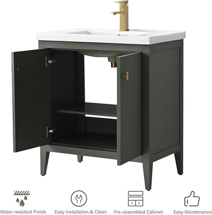 HOMEBEYOND 30" Bathroom Vanity with Ceramic Sink, Solid Wood Free-Standing Vanities Cabinet, Ceramic Top, Golden Brushed Handware & Soft Closing Door, Vintage Green