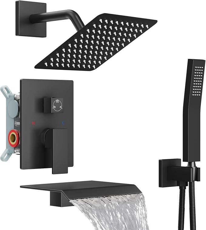 Midanya Shower System with Tub Spout,8 Inch Shower Head,Matte Black | with Valve & Trim Kit,Square Rain Head,Handheld Sprayer,Waterfall Spout,All Metal Wall Mount Bathroom Shower Tub Faucet Set