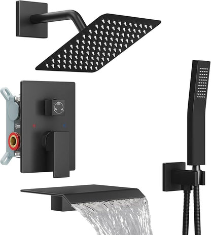 Midanya Shower System with Tub Spout,8 Inch Shower Head,Matte Black | with Valve & Trim Kit,Square Rain Head,Handheld Sprayer,Waterfall Spout,All Metal Wall Mount Bathroom Shower Tub Faucet Set