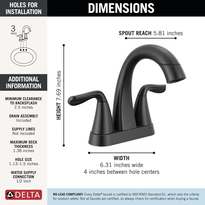 Delta Arvo Centerset Matte Black Bathroom Faucet with Sprayer, 4 Inch 3 Hole Bathroom Sink Faucet with Pull Out Sprayer, Push-Pop Drain, Matte Black 25840LF-BLPD