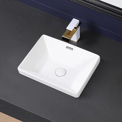 Semi Recessed Bathroom Sink 17"x13" Vessel Sink Drop-in White Porcelain Ceramic Modern Rectangular Sinks Basin Vanity Sinks with Overflow for Bathrooms