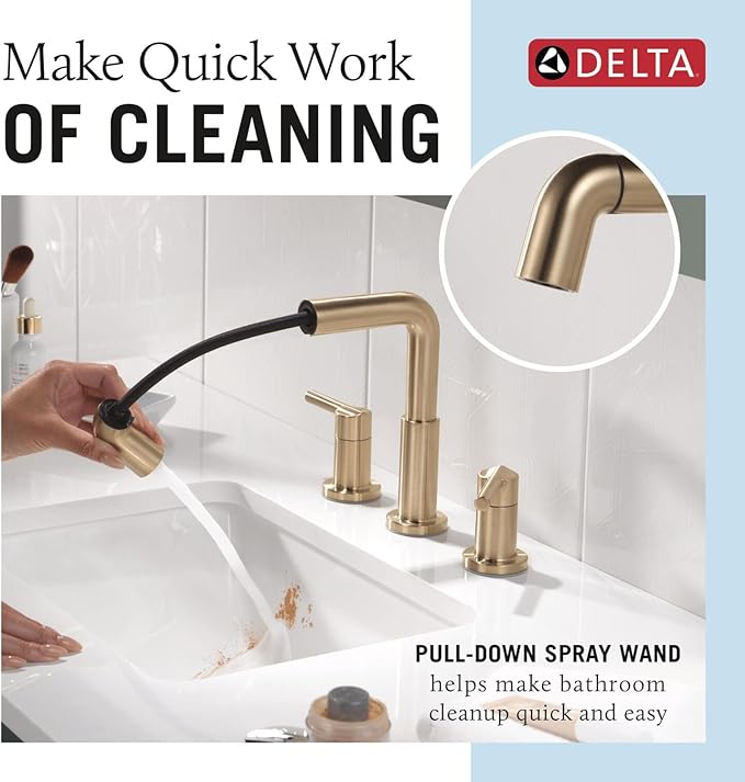 Delta Nicoli Brushed Gold Bathroom Faucet with Sprayer, 8 Inch 3 Hole Widespread Bathroom Sink Faucet with Pull Out Sprayer, Push-Pop Drain, Champagne Bronze 35849LF-CZPD