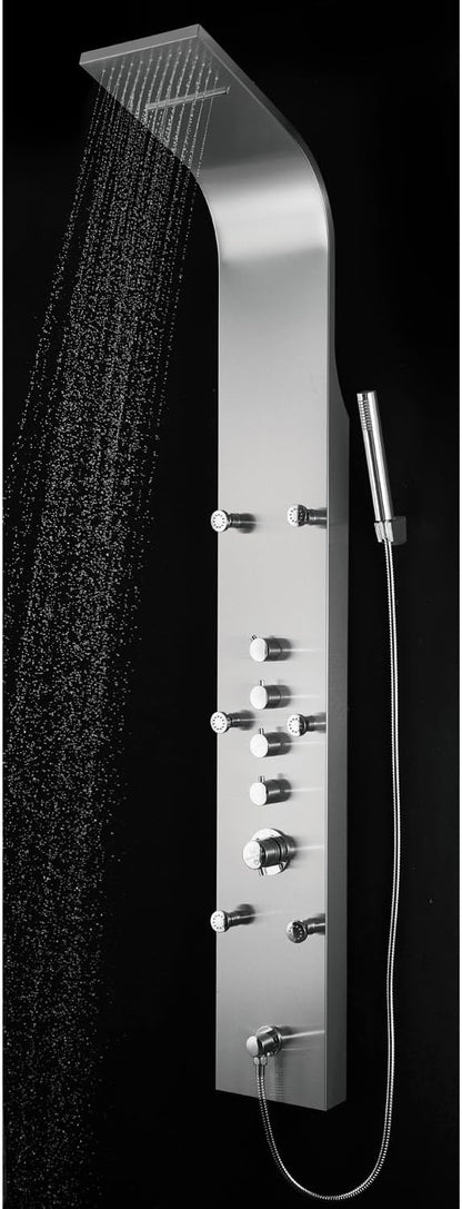 Blue Ocean ™ 64.5” Stainless Steel SPS8879 Thermostatic Shower Panel Tower with Rainfall Shower Head, Body Nozzles, and Handheld Shower Head, Shower Column
