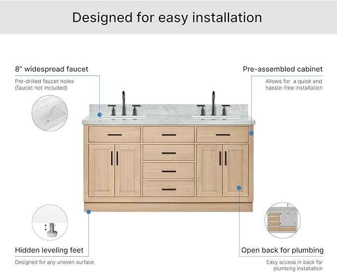 ARIEL Hepburn 66-inch Bathroom Vanity with Sink,Solid Wood, 1.5-inch Italian Carrara Marble Countertop, Double Rectangular Porcelain Sink, 4 Soft Closing Doors, 6 Dovetail Drawers, White Oak