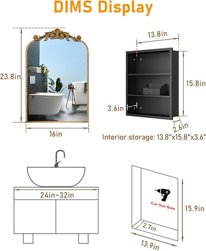 16x24 Inch Bronze Medicine Cabinet Mirror with Hand-Made Vintage Carving Flower and Aluminum Frame, Full Metal Cabinet, Recessed & Surface Mount, 2 Shelves, Arched Mirror with Storage for Bathroom