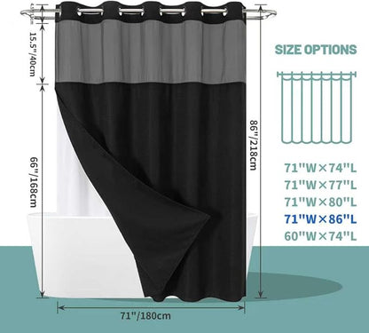 eachope No Hook Long Waffle Shower Curtain, Snap-in Liner, 71x86 in,Black | 230 GSM waffle weave fabric, waterproof liner set with 2 bottom magnets, mesh top window, washable, for bathroom or hotel use