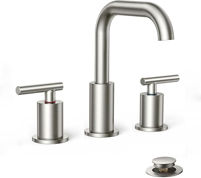 FORIOUS Brushed Nickel Bathroom Faucet for 3 Hole, Widespread Bathroom Sink Faucet with Pop Up Drain and Hoses, for Vanity Restroom RV Lavatory, 360° Rotatable Spout