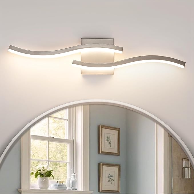 23.62 inch Brushed Nickel LED Vanity Light, 5CCT Dimmable Bathroom Light Fixture Over Mirror, Modern Curved Wall Lamp 2500K-5500K for Bathroom Lighting