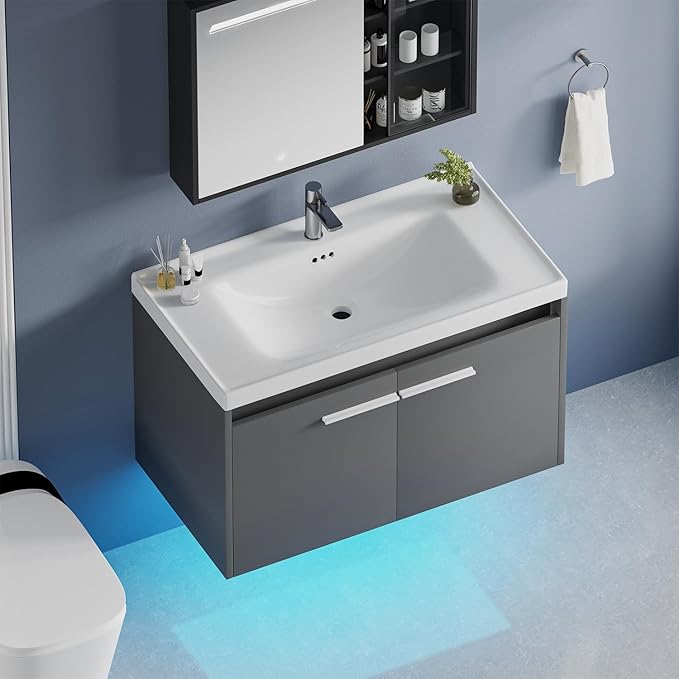 4ever2buy 31" Floating Bathroom Vanity with Sink, Modern Bathroom Vanity with LED Light, Wall Mounted Sink Cabinet with 2 Doors, Grey