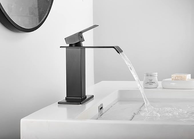 Black Bathroom Faucet Waterfall One Handle Hole Bathroom Sink Faucet Washbasin Faucet with Deck Plate Bath Vanity Lavatory Tap Modern Commercial Drian with Overflow Include