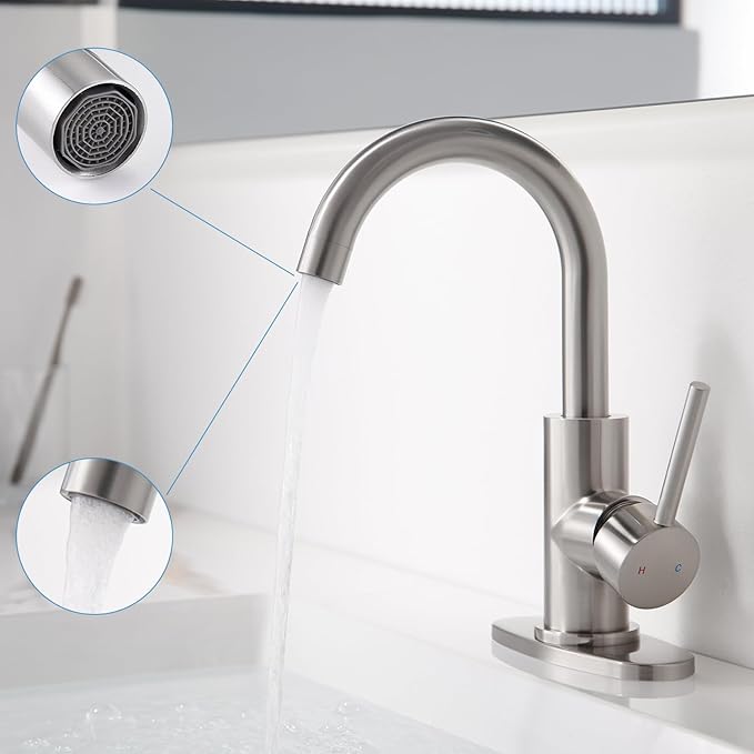 Brushed Nickel Bathroom Faucet - Single Hole Waterfall Bathroom Sink Faucet with Drain Assembly, 360° Swivel Spout Vanity Faucet Single Handle Lavatory Sink Faucet