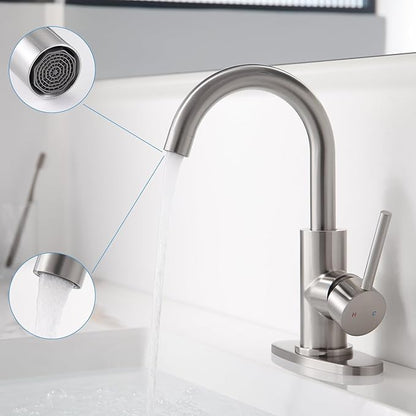 Brushed Nickel Bathroom Faucet - Single Hole Waterfall Bathroom Sink Faucet with Drain Assembly, 360° Swivel Spout Vanity Faucet Single Handle Lavatory Sink Faucet