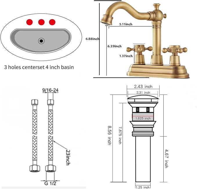 Bathroom Faucet Antique Brass 2 Handles 4 Inches Centerset Bathroom Vanity with Drain Assembly and Supply Hose Lavatory Faucet