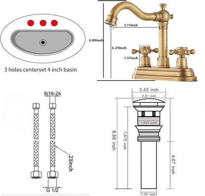 Bathroom Faucet Antique Brass 2 Handles 4 Inches Centerset Bathroom Vanity with Drain Assembly and Supply Hose Lavatory Faucet