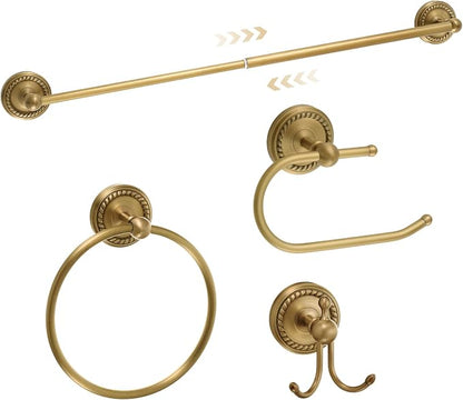 4 Pcs Antique Brass Gold Bathroom Accessories Set Wall-Mounted Towel Rack & Towel Ring & Toilet Paper Holder & Robe Hook, Wall Mounted Brass Vintage Bath Hardware Fixture Set(Style 5)