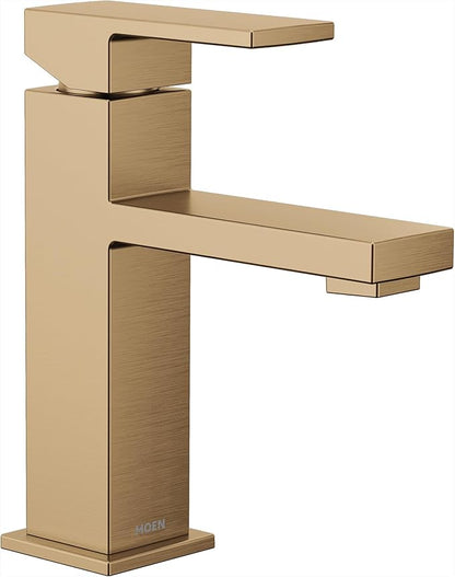 Moen Revyl Bronzed Gold One-Handle Single Hole Modern Bathroom Sink Faucet with Optional Deckplate and Spring Loaded Drain Assembly, 84771BZG