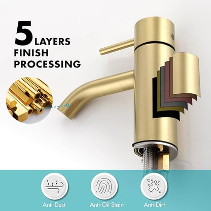 Brushed Gold Bathroom Faucet, Single Hole Bathroom Sink Faucet Modern Single Handle Vanity Faucet with Pop-up Drain and Supply Lines,100102-BG