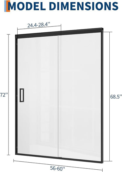 GarveeLife Framed Sliding Shower Door 56-60 Inch W x 72 Inch H – Aluminum Frame Full Coverage with Fixed & Sliding Tempered Glass Panels, 6mm Easy-Clean -Coated Glass, Matte Black Finish