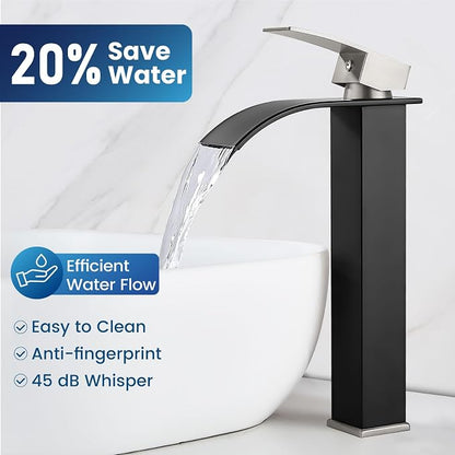 Airuida Vessel Sink Faucet,Black&Nickel Tall Waterfall Bathroom Faucet | Single Handle,Tall Bathroom Faucet 1 Hole,Vanity Faucet,without Drain,Bowl Bathroom Faucet