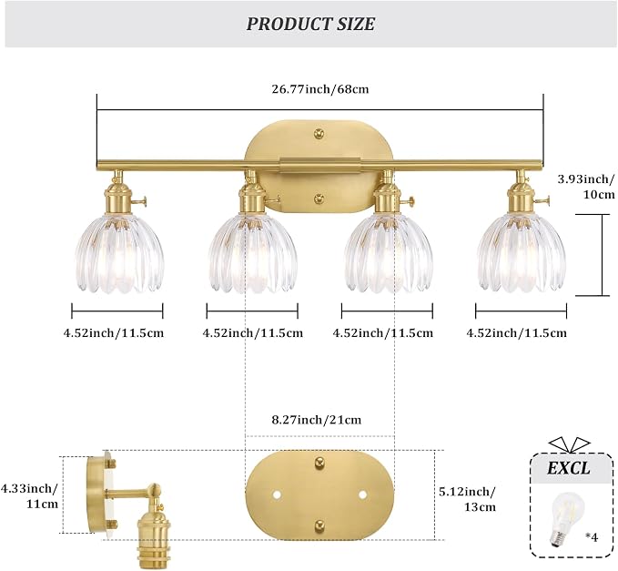 Shenmoyl Bathroom Light Fixtures, 4-Light Brass Vanity wall Light Over Mirror with Clear Tulip Glass Shade for Bedroom Living Room (Bulb Not Included)