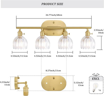 Shenmoyl Bathroom Light Fixtures, 4-Light Brass Vanity wall Light Over Mirror with Clear Tulip Glass Shade for Bedroom Living Room (Bulb Not Included)