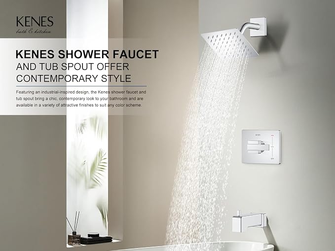KENES Chrome Tub and Shower Trim Kit, Square Shower Set with Tub Faucet | Shower Faucet with 6-Inch Rain Shower Head, Square Shower System, Valve Included, Lead-Free cUPC & NSF Certified, Stainless