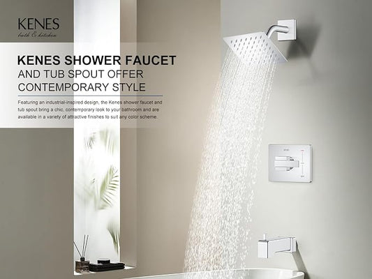 KENES Chrome Tub and Shower Trim Kit, Square Shower Set with Tub Faucet | Shower Faucet with 6-Inch Rain Shower Head, Square Shower System, Valve Included, Lead-Free cUPC & NSF Certified, Stainless