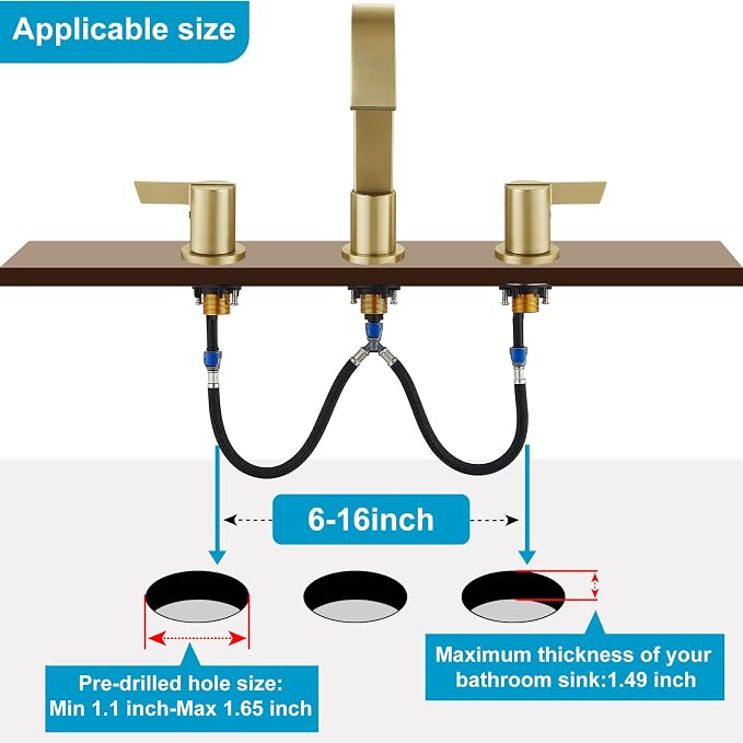 Midanya 8 Inch Widespread Bathroom Sink Faucet 3 Hole,Brushed Gold | Waterfall Swivel Spout,2 Handle,SUS304,with Pop Up Drain,cUPC 24" Water Hose,for 6-16” hole distance vanity,RV,Farmhouse Sink