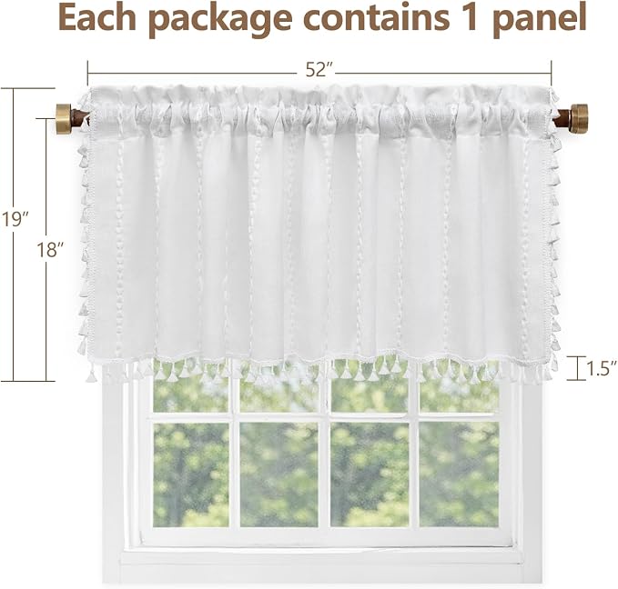 Seenus White Boho Farmhouse Valance Curtain with Tassels, 52 x 18 inch Linen Textured Window Curtain for Living Room, Striped Light Filtering Valance for Kitchen Bedroom Bathroom Rod Pocket