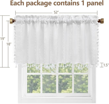Seenus White Boho Farmhouse Valance Curtain with Tassels, 52 x 18 inch Linen Textured Window Curtain for Living Room, Striped Light Filtering Valance for Kitchen Bedroom Bathroom Rod Pocket