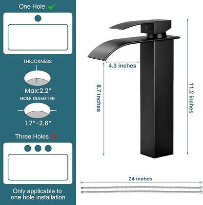 Black Waterfall Bathroom Faucet Single Handle Vessel Sink Faucet | Certified NSF cUPC DOE CEC SUS304 steel.waterfall spout,Bathroom Sink Fauce 1 hole,Pop-up Drain,Fits vanity,Bar sink