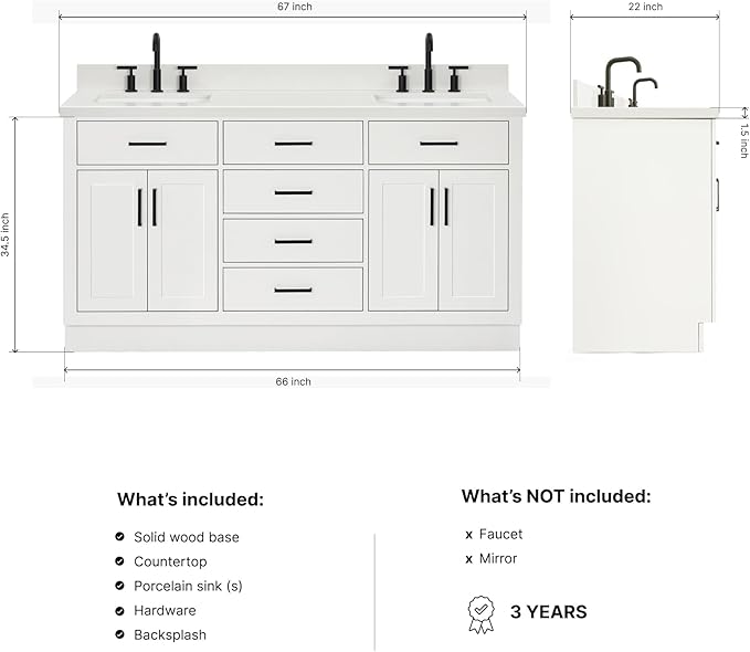 ARIEL Hepburn 66-inch Bathroom Vanity with Sink,Solid Wood, 1.5-inch Pure White Quartz Countertop & Backsplash, Double Rectangular Porcelain Sink, 4 Soft Closing Doors, 6 Dovetail Drawers, White